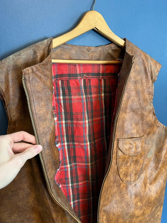 Vintage 60’s Hand Made Brown Leather Zip Vest Siz… - image 2