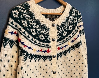 Vintage 80’s Eddie Bauer Graphic Wool Knit Cardigan Sweater Size Women’s Medium
