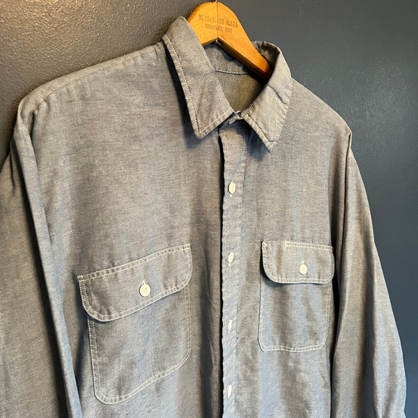 Vintage jaren 80 blanco Chambray button-up werkshirt maat L/XL