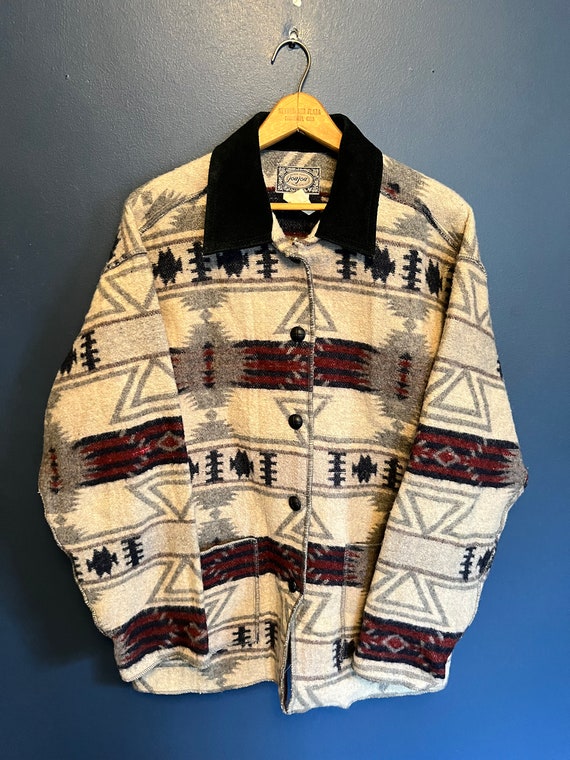 Vintage 90’a JouJou Aztec Wool Chore Coat Size Sm… - image 3
