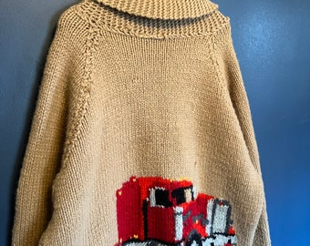 Vintage 70’s Semi Truck Knit Zip Cowichan Cardigan Sweater Size XXL