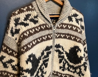 Vintage jaren '80 Bird Knit Cowichan Zip Cardigan Sweater Maat Groot