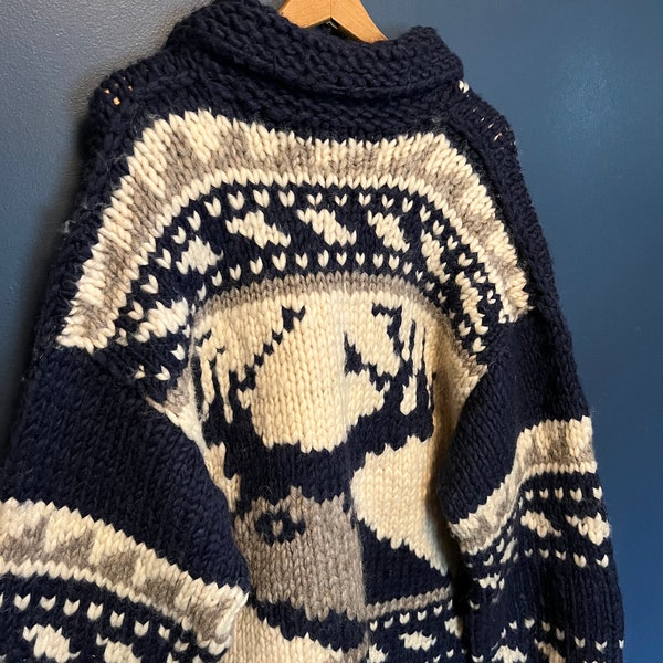 Vintage 70’s Deer Graphic Knit Cowichan Cardigan Sweater Size 2XL