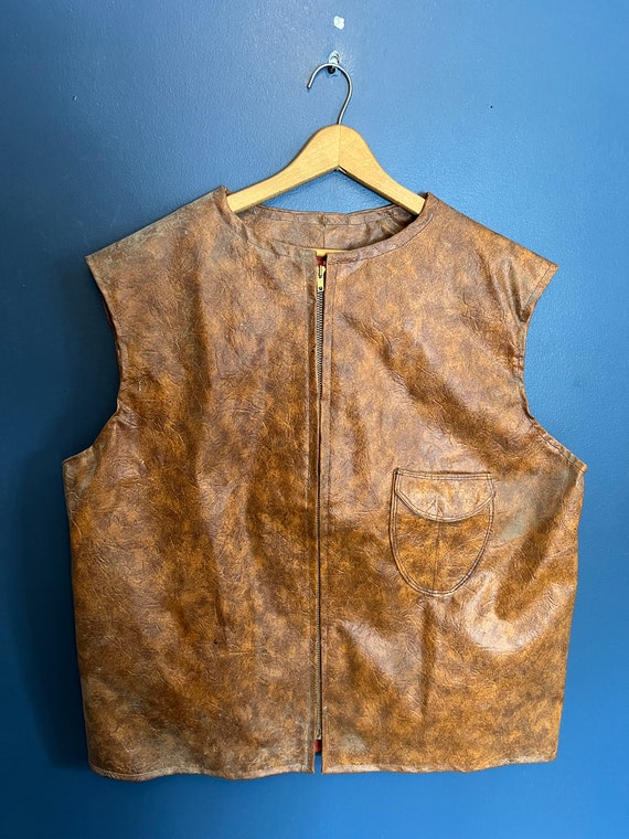 Vintage 60’s Hand Made Brown Leather Zip Vest Siz… - image 3