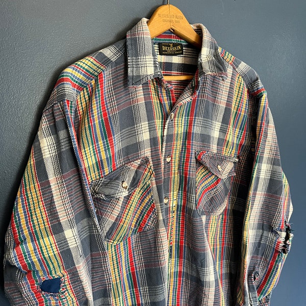 Vintage 80’s Deerskin Plaid Cotton Repaired Flannel Shirt Size Medium