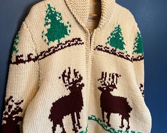 Vintage 70’s Deer Graphic Knit Cowichan Cardigan Sweater Size XL