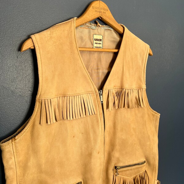 Vintage 70’s Uber Brown Buckskin Leather Western Fringe Vest Size M/L