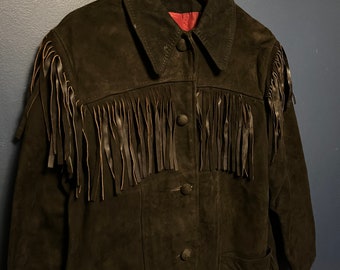 Vintage 70’s Western Black Leather Suede Fringe Jacket Size Women’s Large