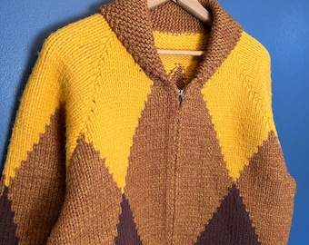 Vintage 60’s Knit Zip Argyle Cowichan Cardigan Sweater Size Small/Medium