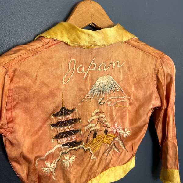 Vintage 50's Japón Sukajan souvenir seda bebé chaqueta tamaño pequeño