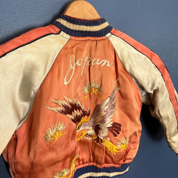 Vintage 50's Japón Sukajan souvenir reversible seda bombardero bebé chaqueta tamaño pequeño