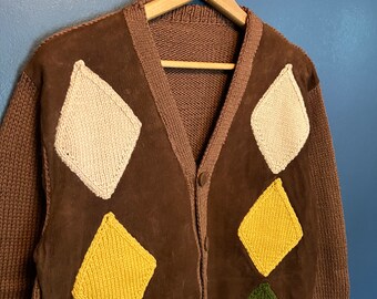 Vintage 60er Jahre Braun Leder Wildleder Argyle Strickjacke Herren Größe Medium