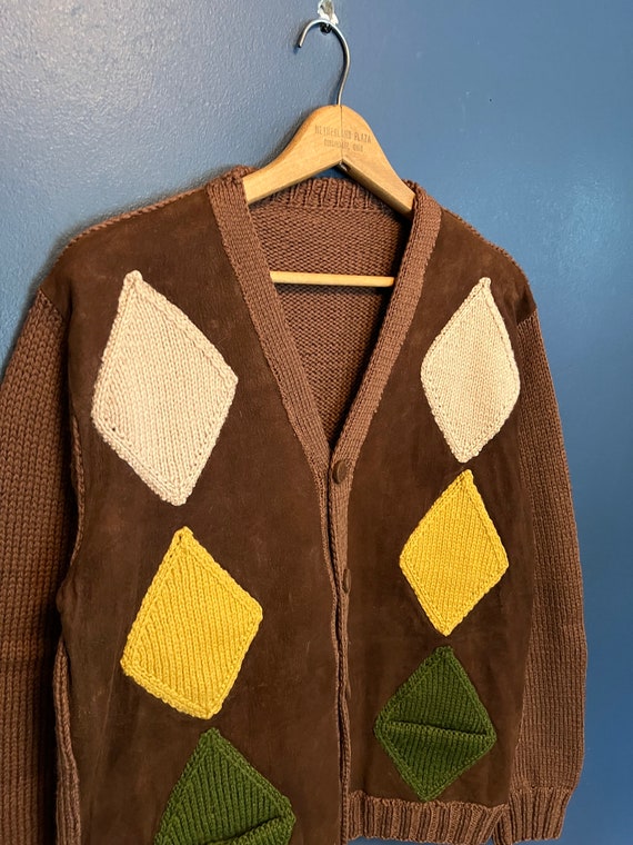 Vintage 60’s Brown Leather Suede Argyle Knit Cardi