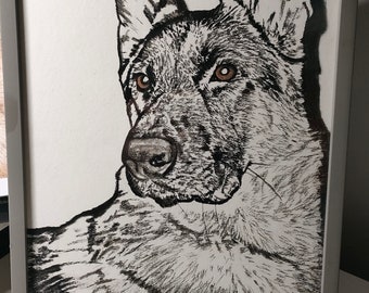 Personalised A4 Charcoal German Shepherd portraits.