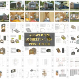 Grid of small blueprint and render thumbnails illustrating the contents of the 57-sheet PDF plan document.