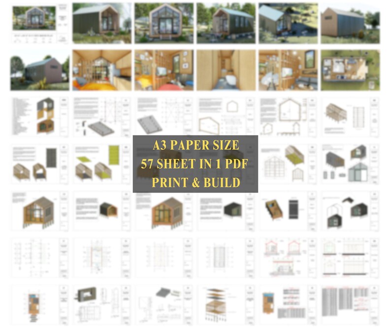 Grid of small blueprint and render thumbnails illustrating the contents of the 57-sheet PDF plan document.
