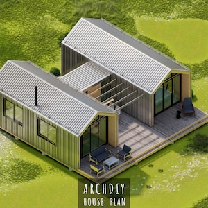 Pu&ograve; includere: Un rendering architettonico di una planimetria moderna. La casa presenta un tetto e un rivestimento in metallo ondulato, ampie finestre e un ponte in legno. La casa &egrave; circondata da erba verde. Il testo "ARCHDIY HOUSE PLAN" &egrave; visibile.