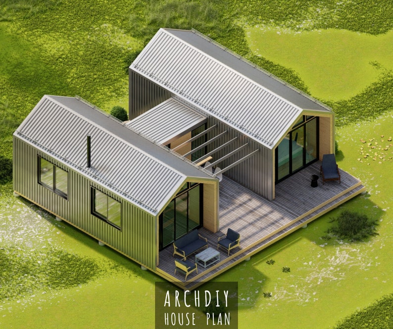 Pu&ograve; includere: Un rendering architettonico di una planimetria moderna. La casa presenta un tetto e un rivestimento in metallo ondulato, ampie finestre e un ponte in legno. La casa &egrave; circondata da erba verde. Il testo "ARCHDIY HOUSE PLAN" &egrave; visibile.