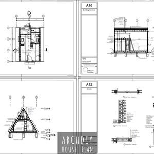 An architectural sheet displaying floor plans, building sections, and detailed framing drawings.