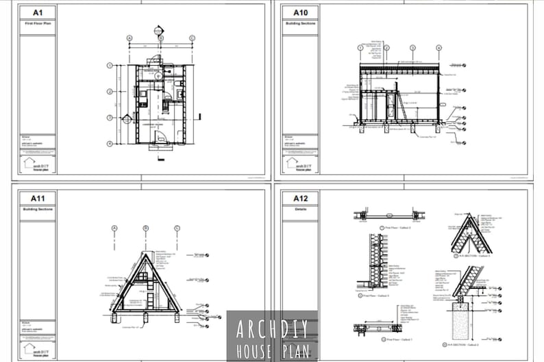 An architectural sheet displaying floor plans, building sections, and detailed framing drawings.