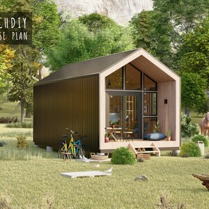Side view exterior render of the modern tiny cabin with vertical dark walls, a sloped roof, and a bicycle parked on the grass.
