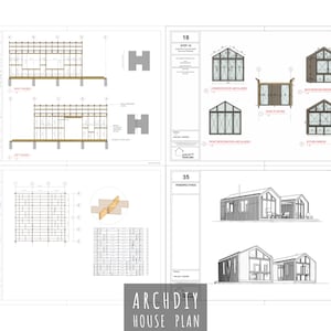 Pu&ograve; includere: Piante di case architettoniche con diagrammi e prospettive dettagliate. I piani includono istruzioni di costruzione passo passo, con diagrammi delle facciate destra e sinistra e vari disegni di finestre e porte. Il logo ArchDIY House Plan &egrave; in basso.