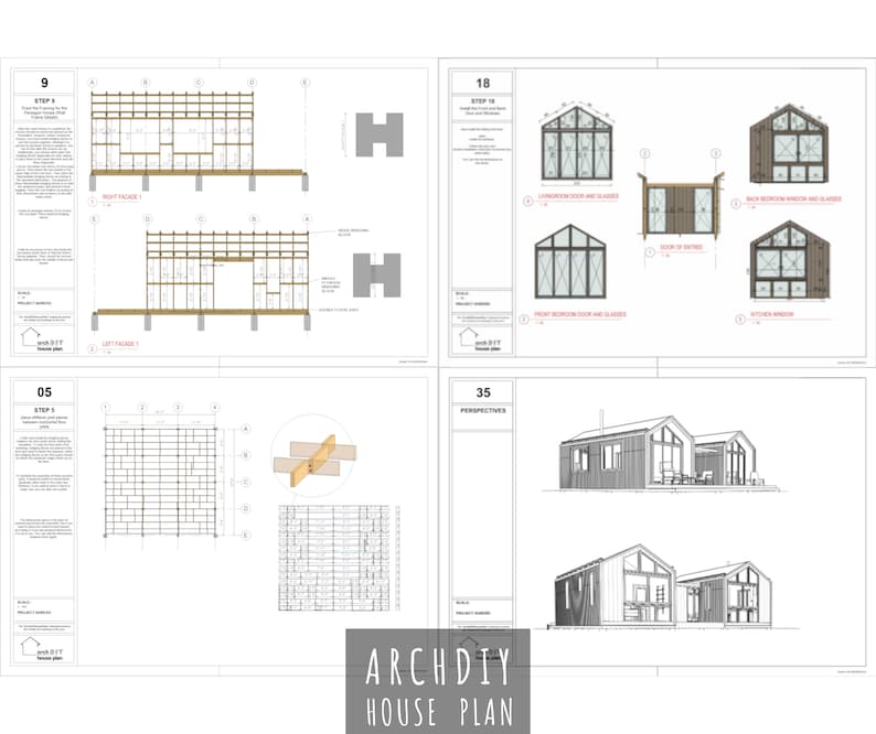 Pu&ograve; includere: Piante di case architettoniche con diagrammi e prospettive dettagliate. I piani includono istruzioni di costruzione passo passo, con diagrammi delle facciate destra e sinistra e vari disegni di finestre e porte. Il logo ArchDIY House Plan &egrave; in basso.