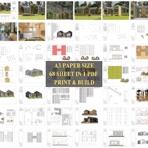 Pu&ograve; includere: Una raccolta di planimetrie architettoniche e rendering per un design di cabina moderno. Le immagini includono viste esterne, layout interni e progetti dettagliati. Il testo sull'immagine recita: A3 PAPER SIZE, 68 SHEET IN 1 PDF, PRINT & BUILD.
