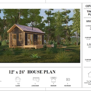 May include: A digital rendering of a tiny house plan, featuring a small cabin with a dark exterior and wooden accents, set in a natural, wooded environment. The plan includes a 12' x 24' house layout with a ground floor and a storage loft. Text on the page reads "Tiny House Plan V-11".