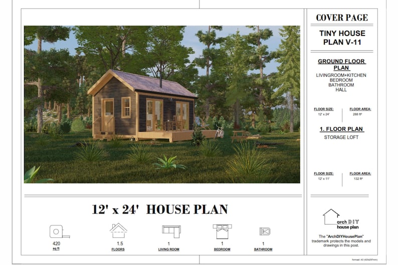 May include: A digital rendering of a tiny house plan, featuring a small cabin with a dark exterior and wooden accents, set in a natural, wooded environment. The plan includes a 12' x 24' house layout with a ground floor and a storage loft. Text on the page reads "Tiny House Plan V-11".