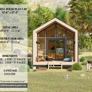Architectural overview image with floor plan dimensions, text overlay about the tiny house, and a rendering of the cabin front exterior.
