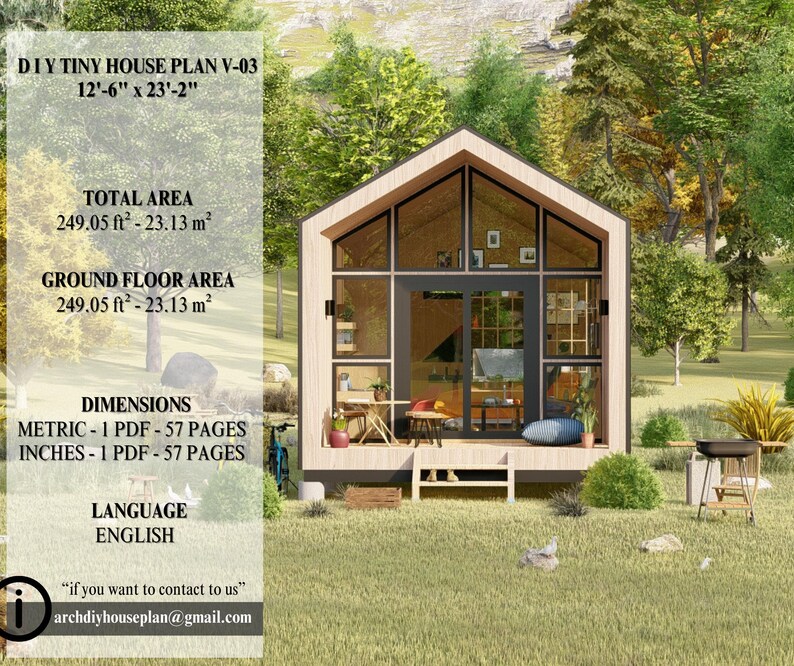 Architectural overview image with floor plan dimensions, text overlay about the tiny house, and a rendering of the cabin front exterior.