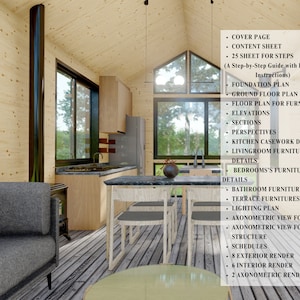 Pu&ograve; includere: Rendering interno di una moderna cabina con pannelli in legno chiaro, ampie finestre e una zona cucina. L'immagine include un elenco di planimetrie architettoniche, tra cui planimetrie di fondazione, piano e prospetto, insieme a dettagli e rendering di mobili.