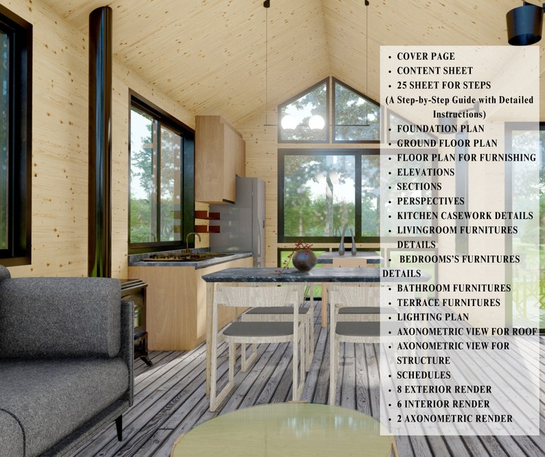 Pu&ograve; includere: Rendering interno di una moderna cabina con pannelli in legno chiaro, ampie finestre e una zona cucina. L'immagine include un elenco di planimetrie architettoniche, tra cui planimetrie di fondazione, piano e prospetto, insieme a dettagli e rendering di mobili.