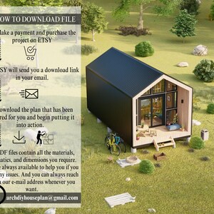 Instructional infographic detailing the four-step digital download process for purchasing and receiving the tiny house blueprints.