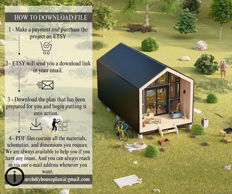 Instructional infographic detailing the four-step digital download process for purchasing and receiving the tiny house blueprints.
