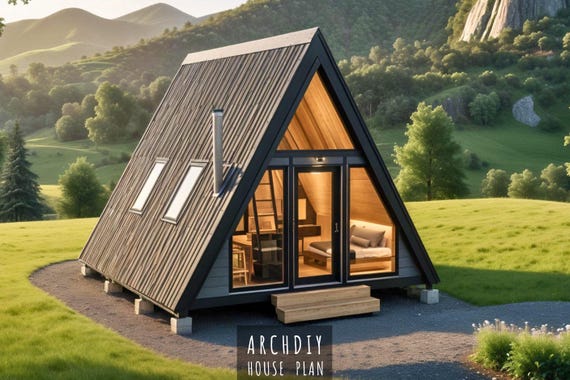 A-Frame Cabin 16x20, 1 Bedroom Modern House Plan, Architectural Blueprints Ready to Print PDF