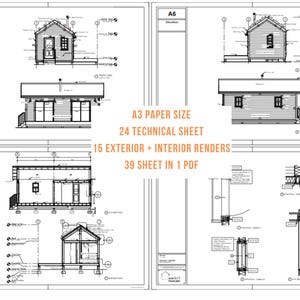 May include: Architectural blueprints with detailed drawings of a small house, including elevations and building sections. The drawings are on A3 paper size and include 24 technical sheets, 15 exterior and interior renders, and 39 sheets in 1 PDF.