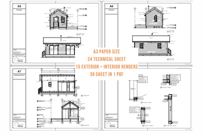 May include: Architectural blueprints with detailed drawings of a small house, including elevations and building sections. The drawings are on A3 paper size and include 24 technical sheets, 15 exterior and interior renders, and 39 sheets in 1 PDF.