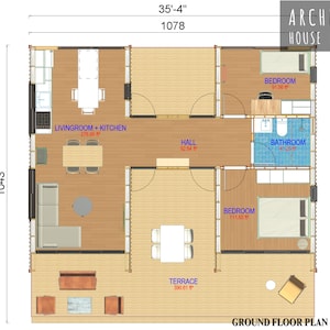 Pu&ograve; includere: Pianta dettagliata del piano terra di una casa, con dimensioni di 10,78 m per 10,43 m. Il piano comprende soggiorno, cucina, corridoio, due camere da letto, un bagno e un terrazzo. Il testo "ARCHDIY HOUSE PLAN" &egrave; visibile.