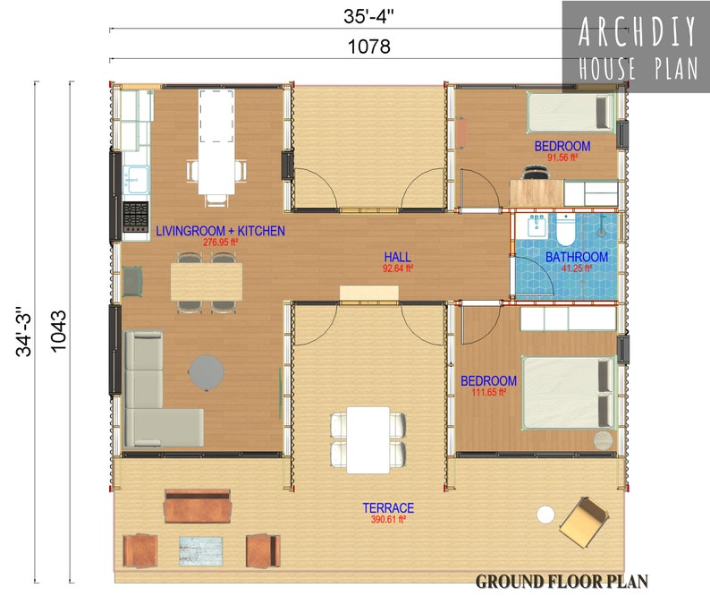 Pu&ograve; includere: Pianta dettagliata del piano terra di una casa, con dimensioni di 10,78 m per 10,43 m. Il piano comprende soggiorno, cucina, corridoio, due camere da letto, un bagno e un terrazzo. Il testo "ARCHDIY HOUSE PLAN" &egrave; visibile.