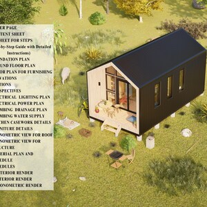 High-angle exterior render of the tiny cabin with a text list detailing the included pages and schedules in the plan.