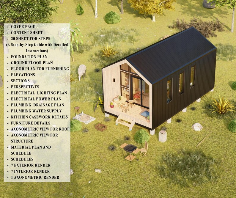 High-angle exterior render of the tiny cabin with a text list detailing the included pages and schedules in the plan.