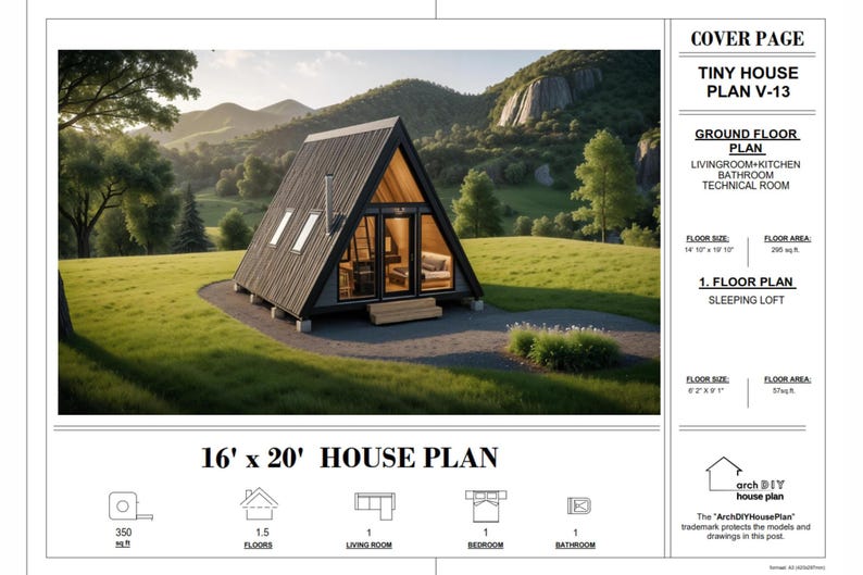 A cover page document for a 16 by 20 foot tiny house plan featuring a photo of the cabin and summary specifications.