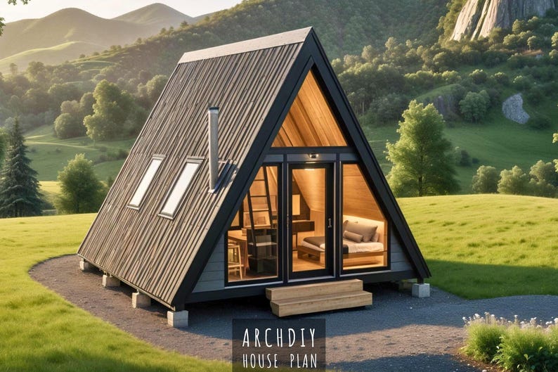 A modern A-frame cabin sits in a grassy field with rolling hills in the background.