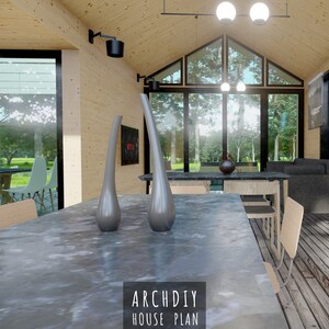 Pu&ograve; includere: Rendering di interior design di una casa moderna con soffitto e pareti in legno chiaro. Un grande tavolo in marmo grigio &egrave; in primo piano con due vasi alti e grigi. La stanza ha grandi finestre, un divano e una televisione. Il testo "ARCHDIY HOUSE PLAN" &egrave; in basso.