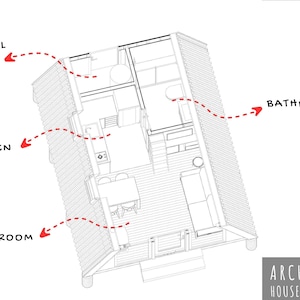 An overhead isometric line drawing of the cabin's ground floor with labeled rooms including the kitchen and bathroom.