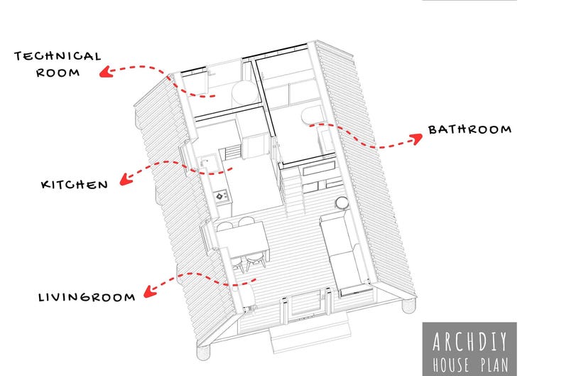 An overhead isometric line drawing of the cabin's ground floor with labeled rooms including the kitchen and bathroom.
