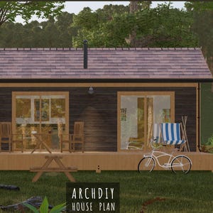 May include: A digital rendering of a small cabin with a brown roof and dark wood siding. The cabin has large windows and a porch with a picnic table, chairs, and a bicycle. The text "ARCHDIY HOUSE PLAN" is visible.