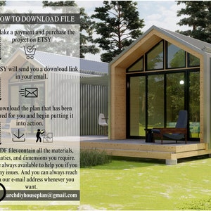 Pu&ograve; includere: Un rendering architettonico di una moderna cabina con tetto spiovente e ampie vetrate. L'immagine include testo che spiega come scaricare un file dopo l'acquisto, incluso l'indirizzo e-mail archdiyhouseplan@gmail.com.